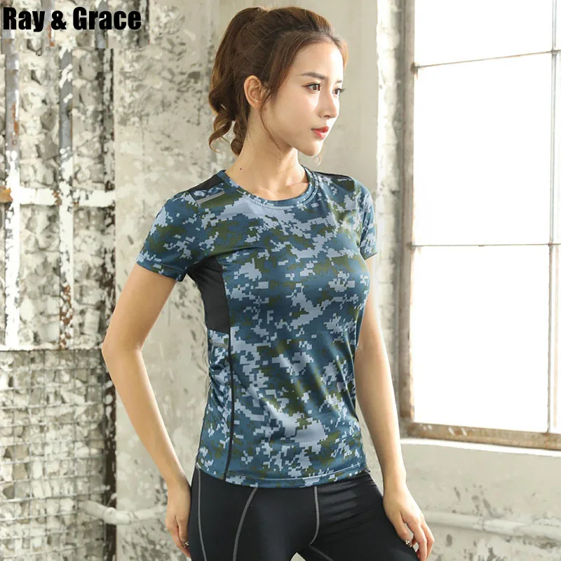 Женская летняя футболка работает камуфляж быстросохнущая дышащая Фитнес спортивная рубашка для бега короткий рукав для бега, йоги Футболки