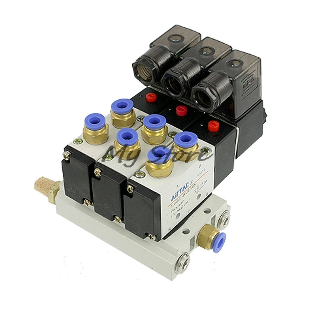 

4V210-08 Pneumatic DC12V DC24V AC110 AC220 5 Way Triple Solenoid Valve with Base Push In Connectors Silencer