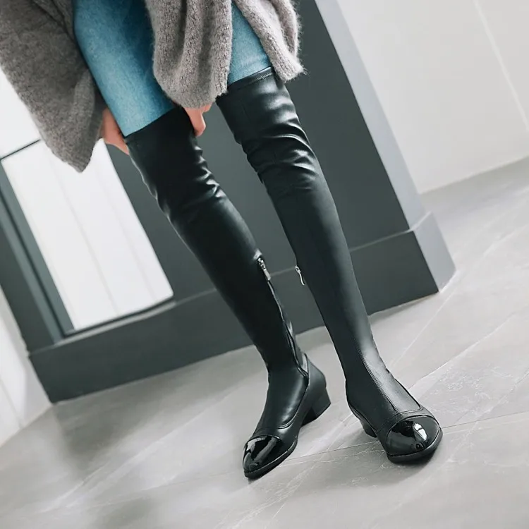 Большой размер 11, 12, 13, 14, 15, 16, 17, женские теплые ботфорты на низком толстом каблуке с острым носком боковая молния
