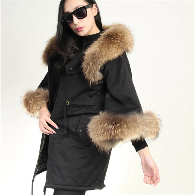 Новое повседневное черное пальто с натуральным мехом зимняя куртка женские расклешенные куртки с длинными рукавами большой натуральный мех енота воротник с капюшоном теплая верхняя одежда