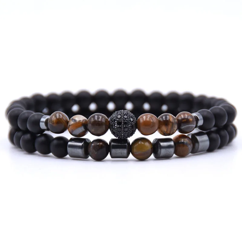 

TANGYIN 2pcs/set Bracelet 6MM Black Natural Stone Beads CZ ball Hematite Beaded Bracelet for Men Women Love Jewelry Bracelets