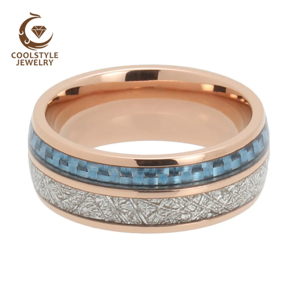Для мужчин и женщин обручальное кольцо из вольфрама Forever кольцо из розового золота цвета с синим углеродным волокном и имитацией серебряного метеорита инкрустация