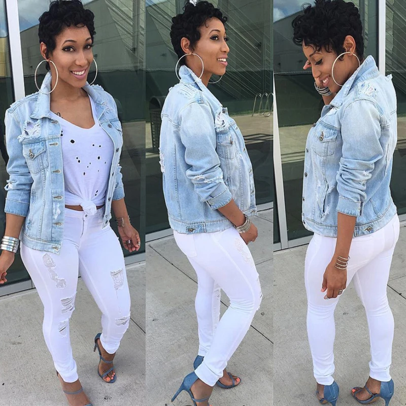 New  Bigsweety Denim Jacket Women Autumn Hole Coats Long Sleeve Jeans Jackets Lapel Tops Pocket Single B