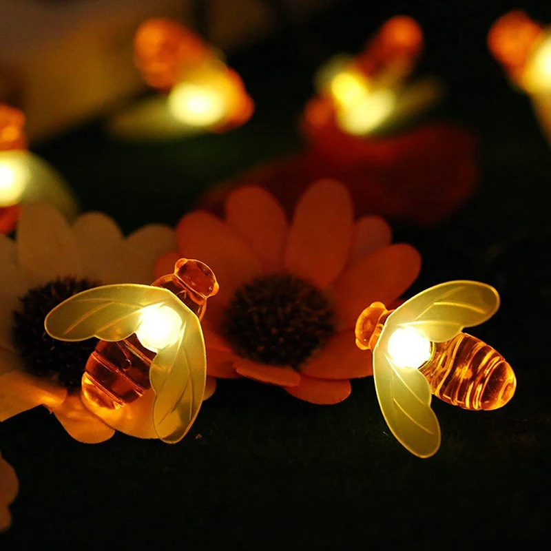 Solar LED String Lights Waterproof Bee Shaped night lamp 2m 3m 5m 20LEDS 50LEDS Street Porch Garden party decoration lighting remote control solar led light outdoor honey bee waterproof jardin string 20leds 50leds 100l garden christmas decor garland lamp