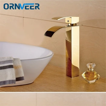 

Gold Plated Tall Bathroom Waterfall Faucet Square Basin Sink Mixer Tap G002