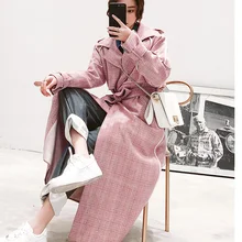 UK Осень/Зима Женское простое клетчатое тонкое шерстяное Макси длинное пальто с поясом Женское пальто манто femme розовый хаки