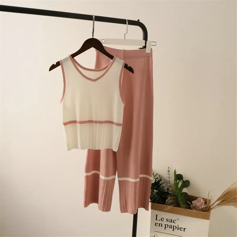 2018 Fashion Wide-Leg Trousers Pleated Suits Women Knitted Tank Tops Pants Clothing Set Casual Patchwork Color Suits Women's Sets