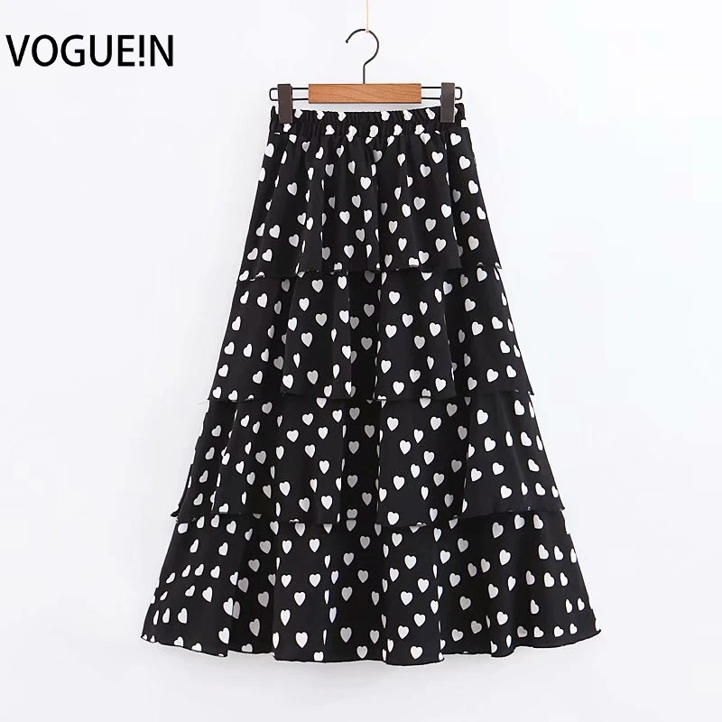 

VOGUEIN New Womens Summer Sweet Heart Print A-Line Elastic Waist 4 Layers Maxi Skirt Wholesale