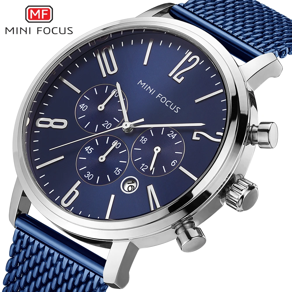 

MINIFOCUS Fashion Casual Quartz Watch Men Blue Mesh Strap Chronograph 3 Dials 6 Hands Top Brand Luxury Sports Wrist Watches 2018