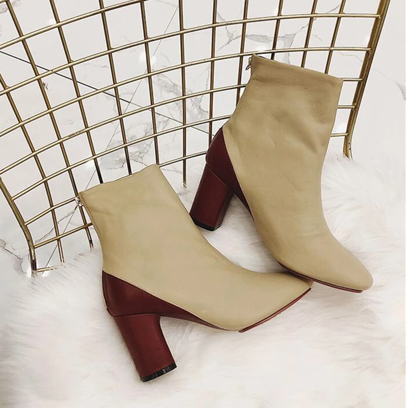 

Genuine Leather Mixed Color Women Ankle Boots Fashion Round Toe Chunky High Heels Pumps Chelsea Boots Woman zapatos de mujer 40