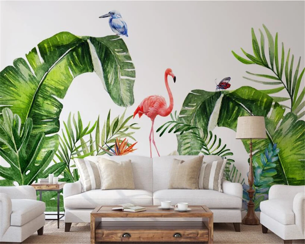 beibehang Custom interiors painting papel de parede 3d wallpaper Nordic tropical plants flamingo background wall paper murals
