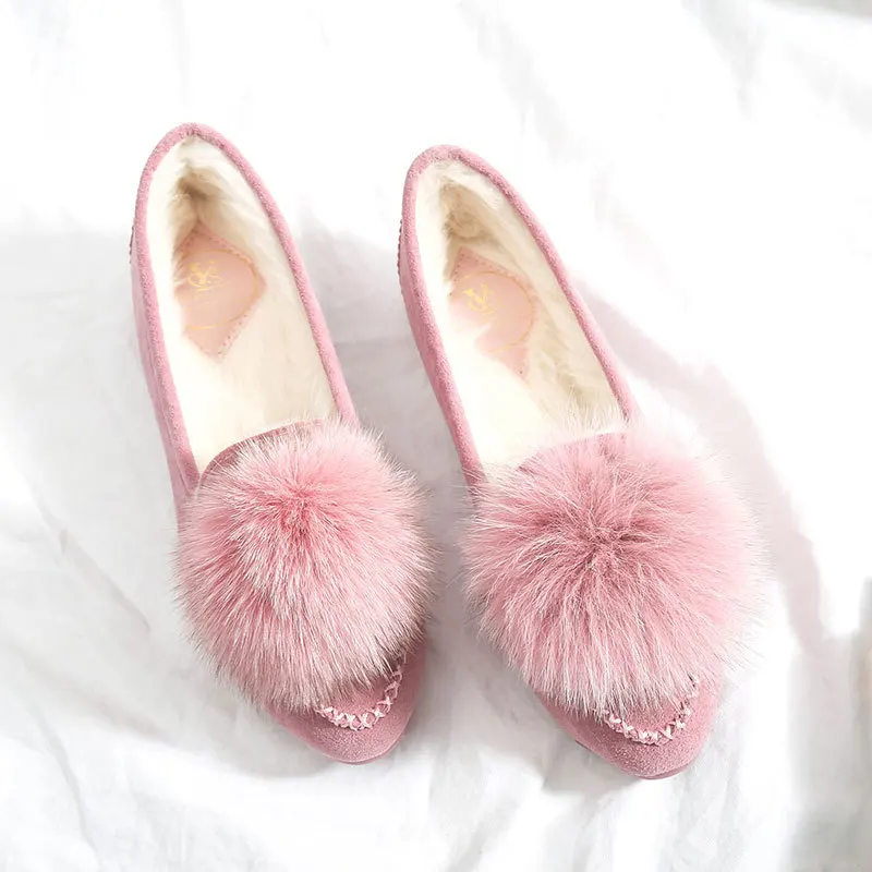 Pointed toe pompon fur shoes women winter plush slip on ballet flats women fur moccasins cozy warm lazy shoes