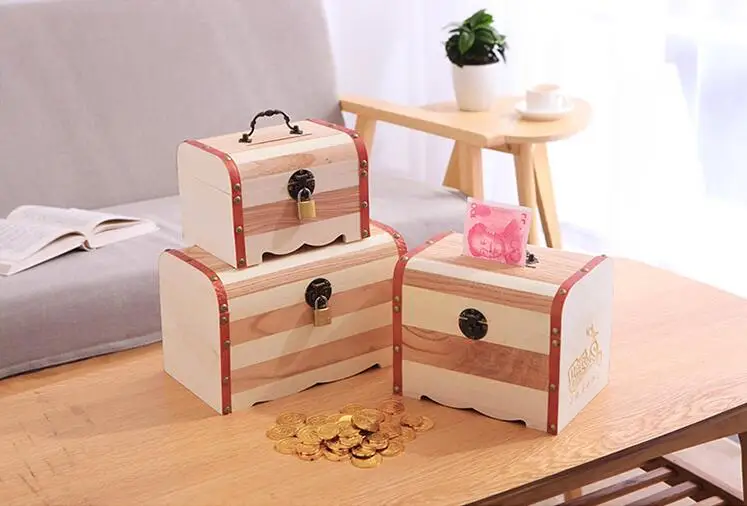 

Free Shipping 1 X Vintage Wood Money Box Cute Piggy Bank With Lock Coin Box Alcancia Kids Birthday Gifts Christmas