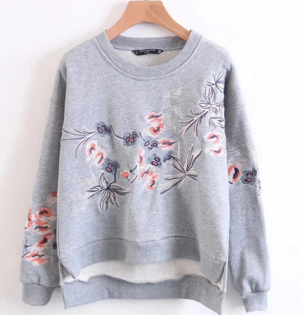 Women Embroidery Gray Sweatshirts, Ladies Pullover Tops Feminino Spring
