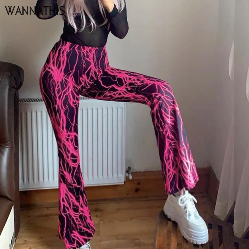 

WannaThis Women 2 piece Set Pants and Top Flame Print Wide Slim Leg Elastic Waist Flare Hem Pants And Strapless Top Fashion Club