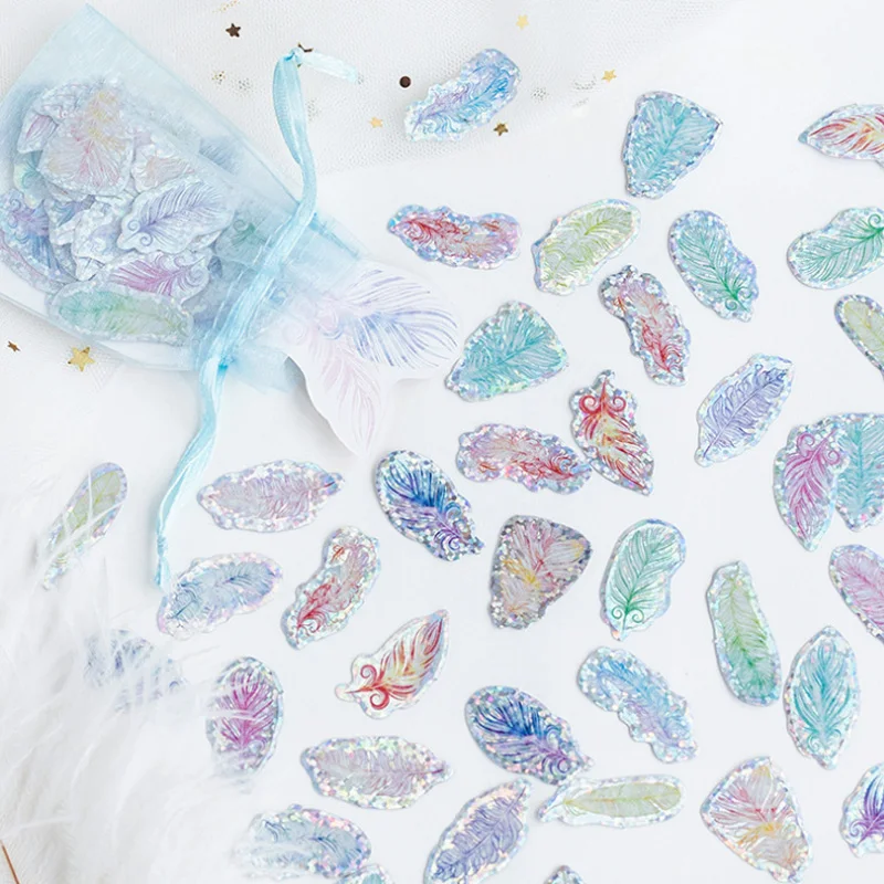 

100pcs/pack feather Organza Bag Decorative Sticker Adhesive Stickers IY album diary scrapbooking label sticker kawaii stationery