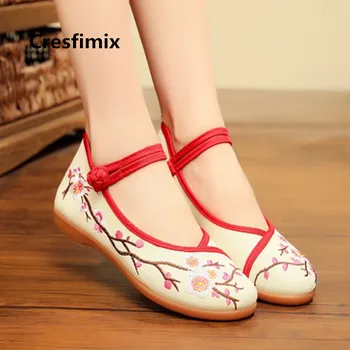 Women Fashion High Quality Canvas Shoes Lady Cute Sweet Dance Shoes Female Beige Embroidery Shoes Zapatos Planos De Mujer E3579b