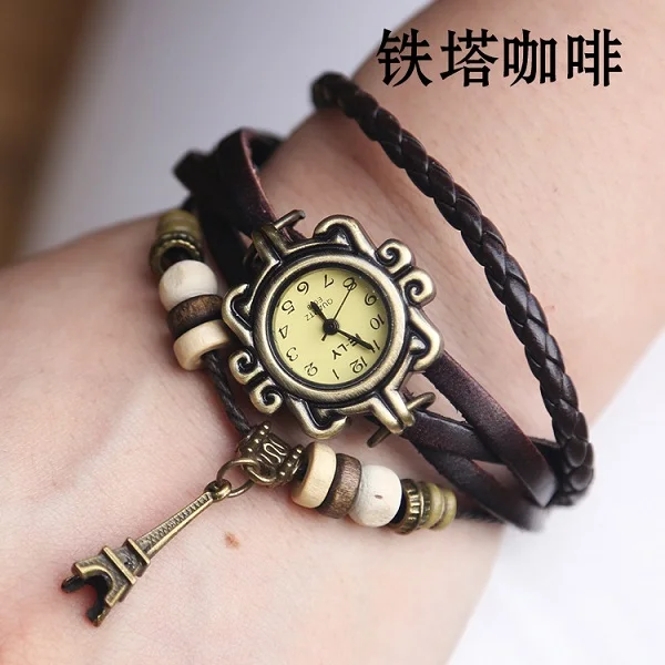 

Hot Sales Vintage Tower Pendant Cow Leather Bracelet Watch Women Ladies Dress Quartz Wrist Watches Relojes Mujer kow055