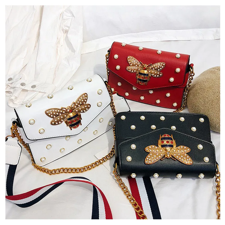 Women's Pearl Bee Leather Handbags Crossbody Bags for Women 2018 Italian Style Luxury Chain Clutch Designer Female Shoulder Bag (1)