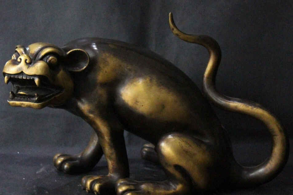 

006994 14" Chinese Pure Bronze Fengshui Folk Guardian Dragon Foo Fu Dog Lion Statue