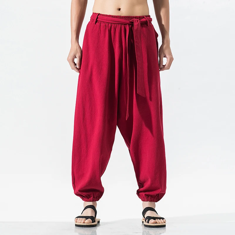 

Hemp Tai Chi Trousers Traditional Chinese Clothing For Men Oriental Clothes 5XL Tall Size Japanese Fashion Male Mens Baggy Pants