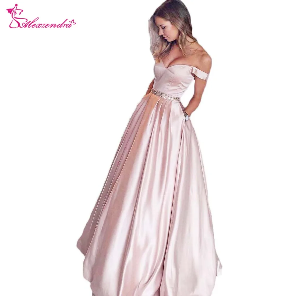 

Alexzendra Pink A Line Prom Dresses Beaded Belt Off the Shoulder Long Evening Dresses Party Dress vestidos