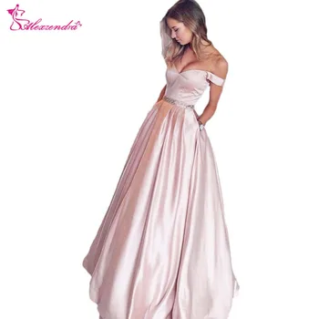 

Alexzendra Pink A Line Prom Dresses Beaded Belt Off the Shoulder Long Evening Dresses Party Dress vestidos