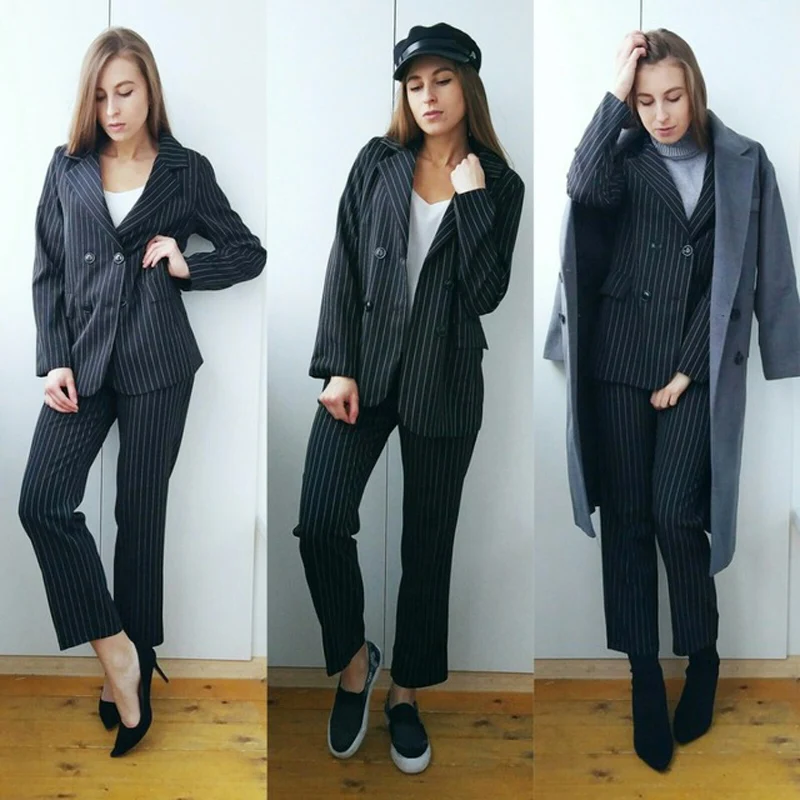 Work Pant Suits OL 2 Piece Sets Double Breasted Striped Blazer Jacket & Zipper Trousers Suit For Women Set Feminino Spring