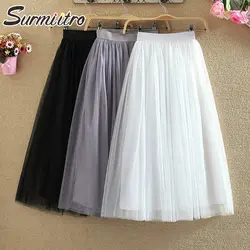 Surmiitro 3 слоя миди Летняя женская юбка из тюля 2019 Женская Повседневная белая черная плиссированная длинная юбка с высокой талией