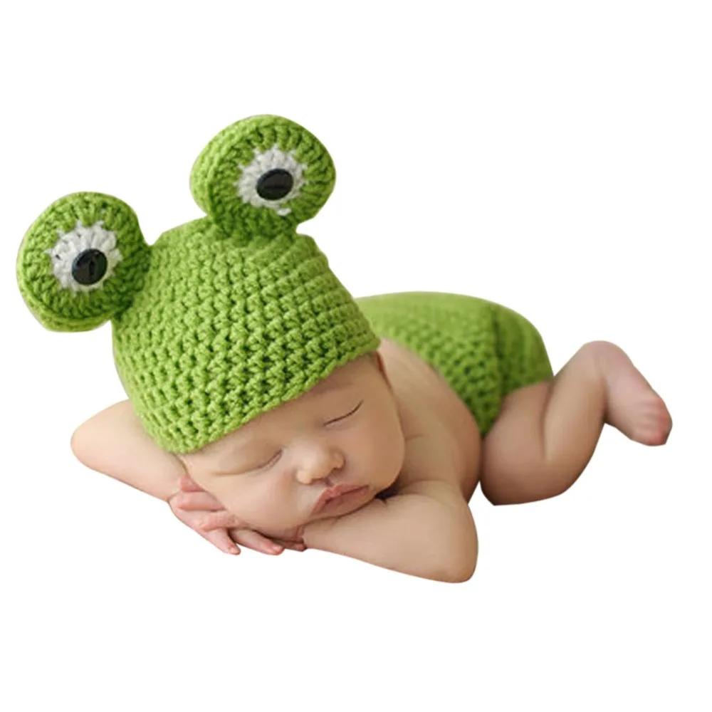 Новорожденного ручной маленьких Подставки для фотографий вязаные крючком зеленый Мягкие Детские шляпа Костюмы прекрасный детский наряд