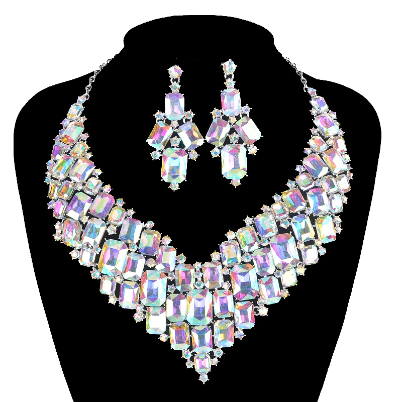 Statement ab shiny crystal Square necklace earrings women party show