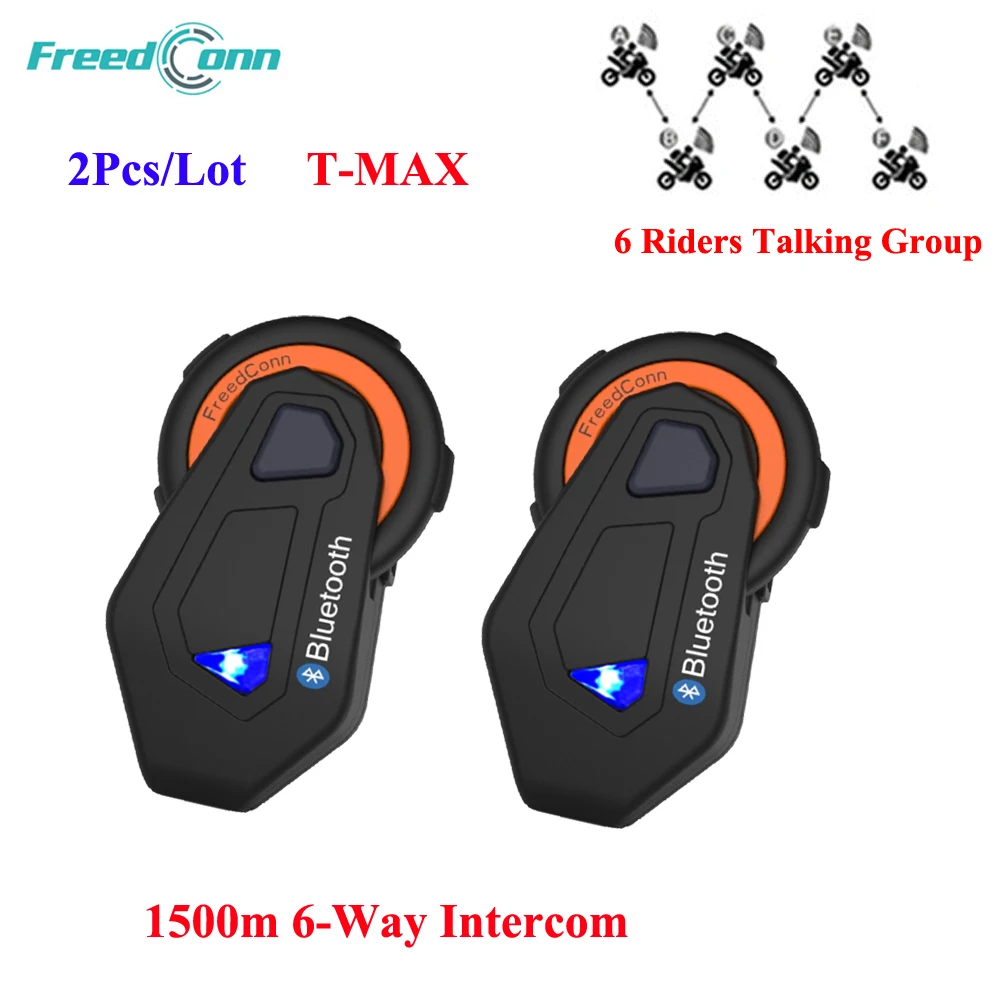 

2 Pcs/Lot FreedConn T-MAX 1500m Motorcycle Helmet Bluetooth Interphone Headset 6 Riders Group Talking System Intercom with FM