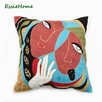 

ESSIE HOME Full Embroidery Chain Embroidery 18" High End Picasso Abstract Paintings Cushion Cover Red Blue Throw Pillow Case