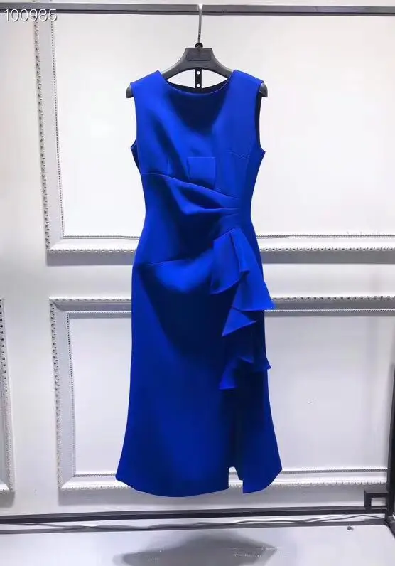 Высококачественное Брендовое платье без рукавов, высококачественное женское платье с круглым вырезом и разрезом, сексуальное облегающее платье с оборками, платье-футляр синего, красного, черного цвета, одежда для вечеринок