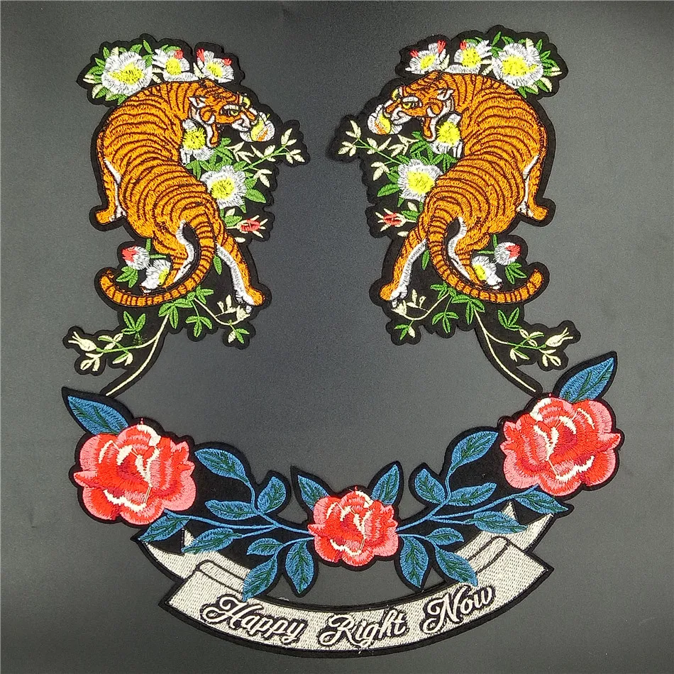 

Quality Large Embroidered Patch Iron on with glue,Tiger,Flower, Text Fashion 2017 for T-shirt