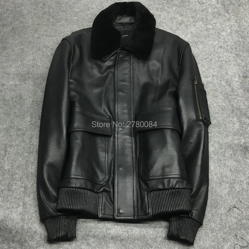 

Factory genuine leather jacket for men cow hide coat flight suit lamb collar natural leather outwear motorcycle male real