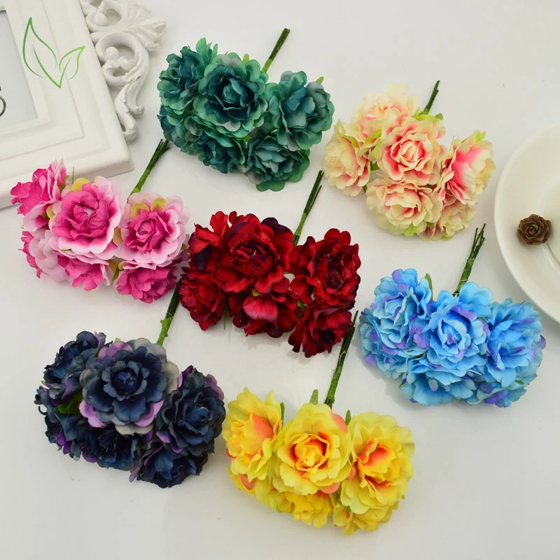 

New 6 pieces 4cm Rose Artificial flower Cheap silk gradient bouquet for wedding decoration Scrapbooking DIY wreath craft flowers