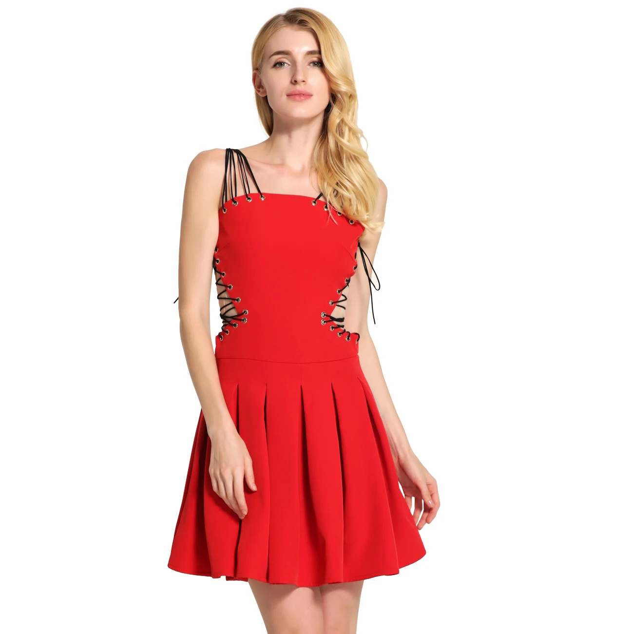 Sling Dress Red New 2017 Women Sexy Sleeveless Bandage Pleated Hollow Out Party Dresses Celeb Prom vestidos de festa Lolita Wear