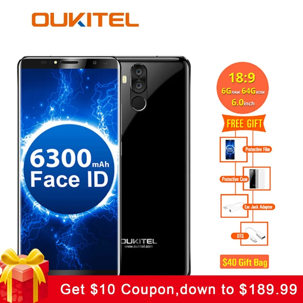 Oukitel K6 6300mAh Battery 5V3A Fast Charge6.0'' 18:9 Face ID 6GB 64GB MT6763 Octa Core Smartphone 4G Fingerprint 21MP+13MP 4Cam