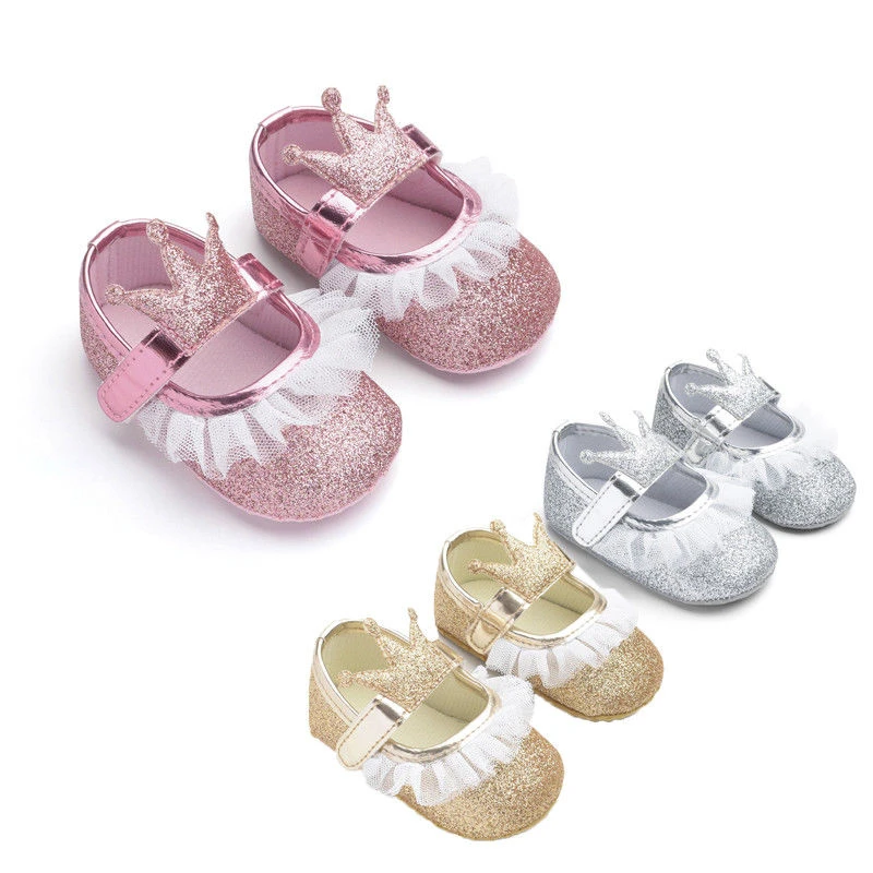 Новорожденная вечерние Вечеринка принцесса bling обувь Кружева Корона Блеск обувь для младенцев Bebe милые Prewalker нескользящая Мягкая подошва кроссовки обувь