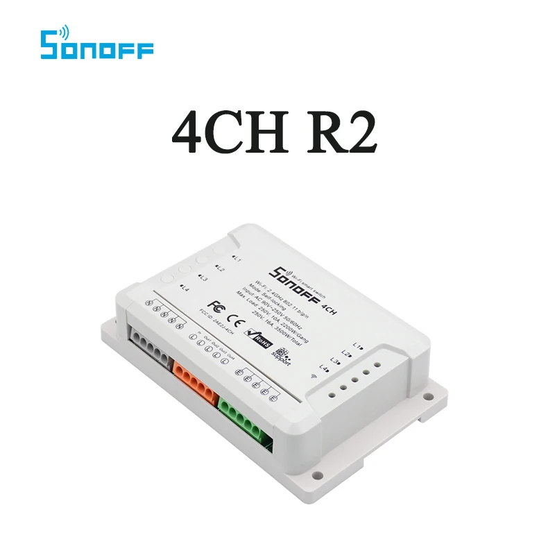 Интеллектуальный выключатель света Sonoff 4CH R2 умный переключатель Wi-Fi 4-банда Беспроводной переключатели c креплением на рейке Din домашней автоматизации on/off С телефонным дистанционным управлением 10A/2200W