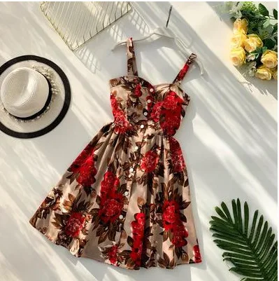 

Boho Floral Print Vintage Spaghetti Strap Summer Mini Short Dress Party Polka Dot Casual Women Beach Vacation Retro Vestiods