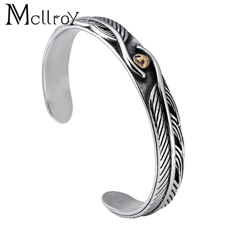 

Mcllroy Men Bracelet High Quality Titanium Steel Opening Cuff Bangles Feather Bracelet Men Jewelry Accessories For Best Friends