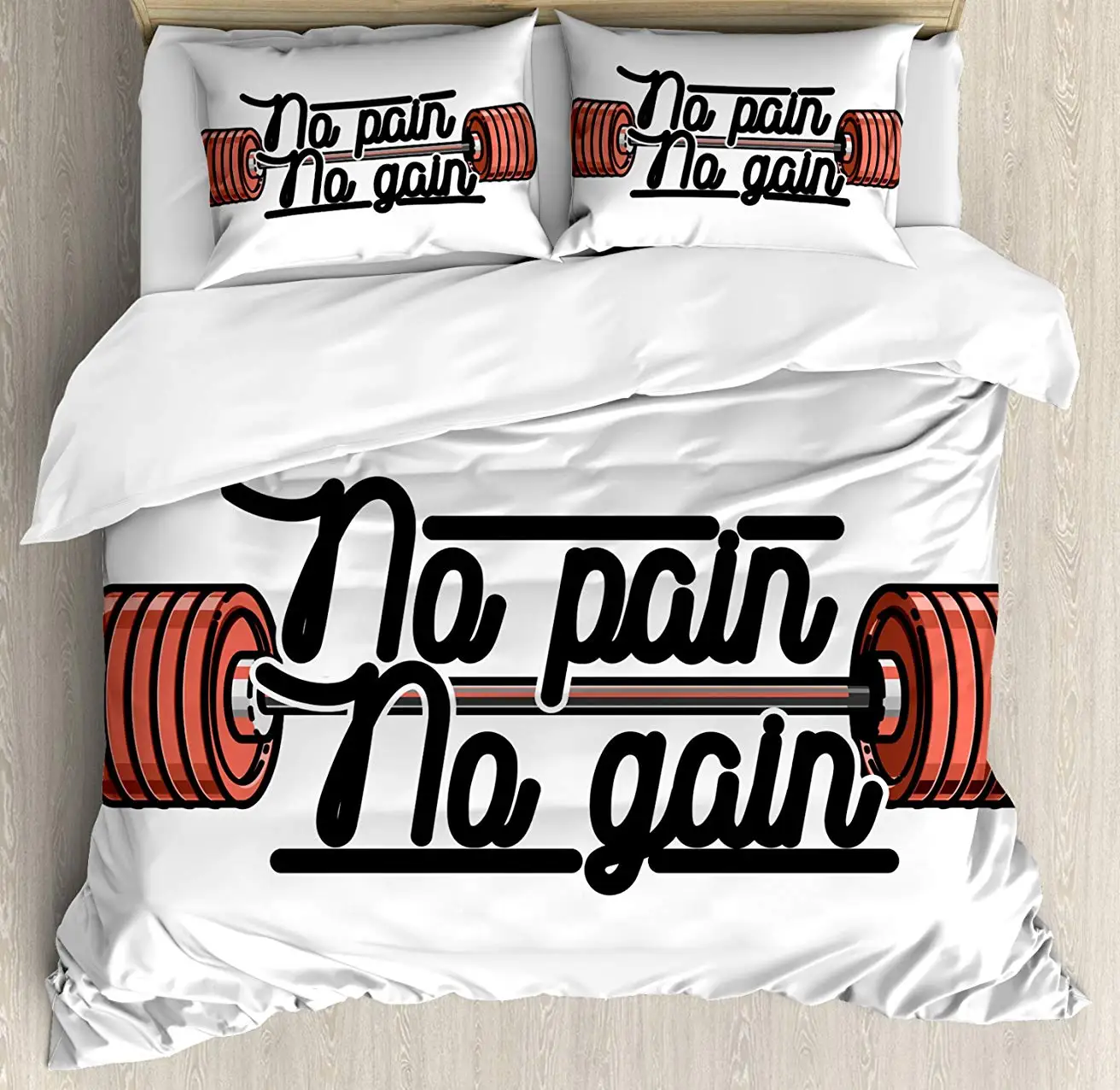 

Fitness Duvet Cover Set No Pain No Gain Vintage Emblem Design Barbells Weightlifting Bodybuilding 3 Piece Bedding Set