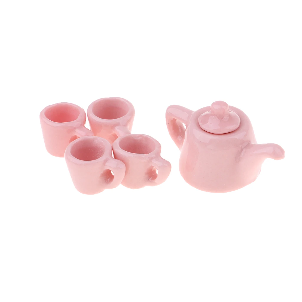 1/12 Dollhouse Miniature Ware Porcelain Tea Set Cup Pot Pure Color Tableware Furniture Toy for Children Kids (Pink)