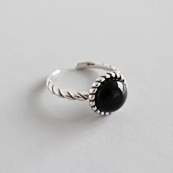 

1pc 100% Authentic S925 Sterling Silver Fine Jewelry Twisted Roped with Black Agate Ring J134