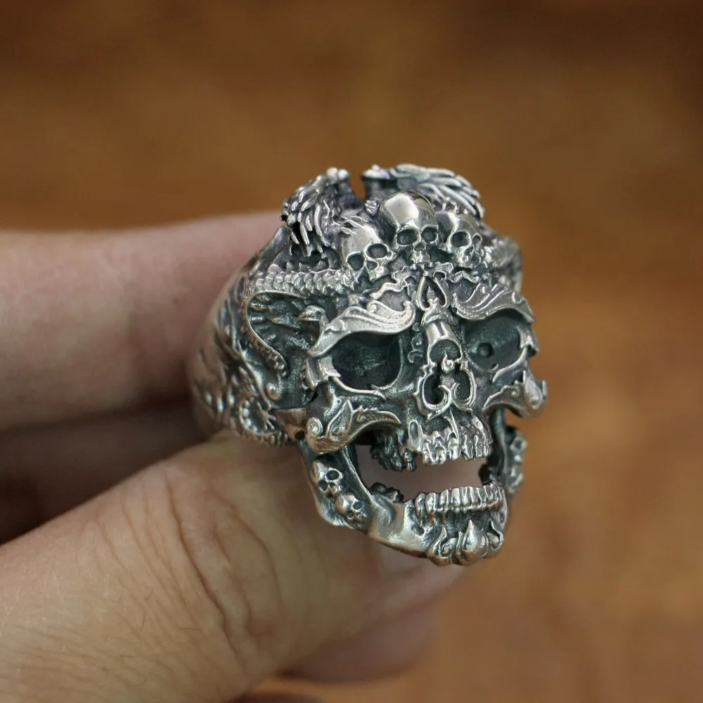 925 Sterling Silver High Details Dragon Skulls Ring Mens Biker Ring TA132A 7~15 