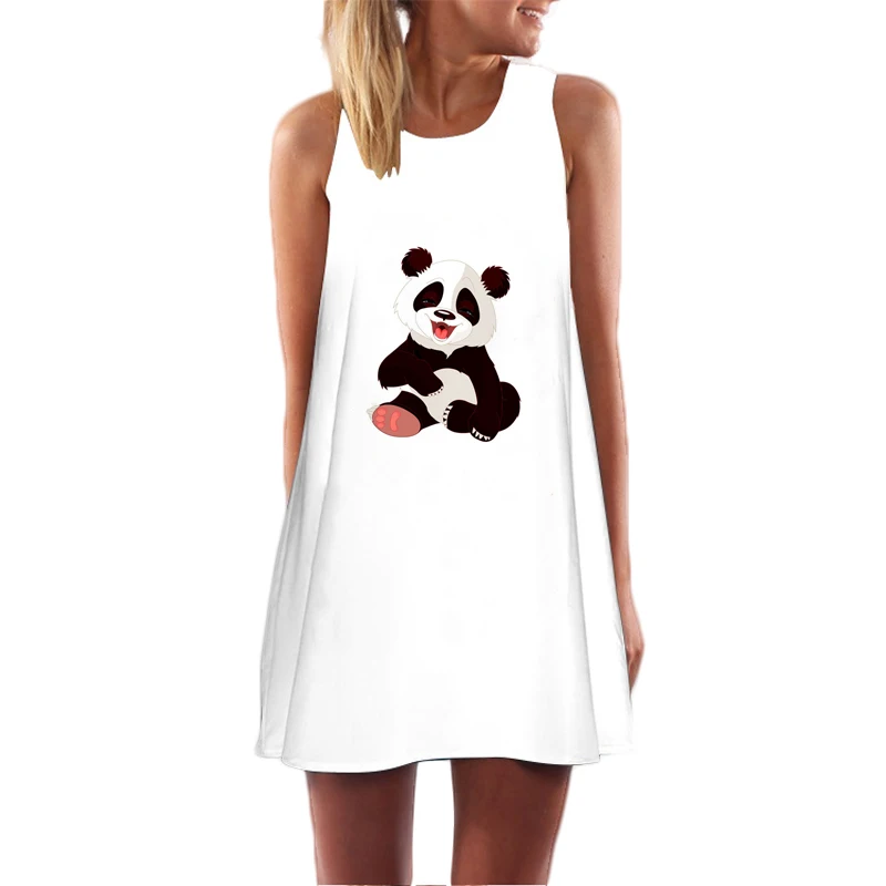

Panda Print Women Dress 2018 Casual White Party Sexy Off Shoulder Dress Summer Dresses Beach