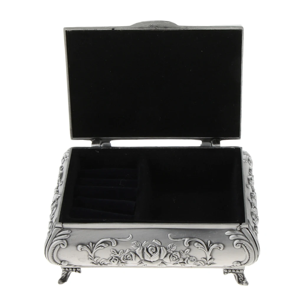 MagiDeal Vintage Jewelry Storage Box Rectangle Zinc Alloy with Antique Rose Flower