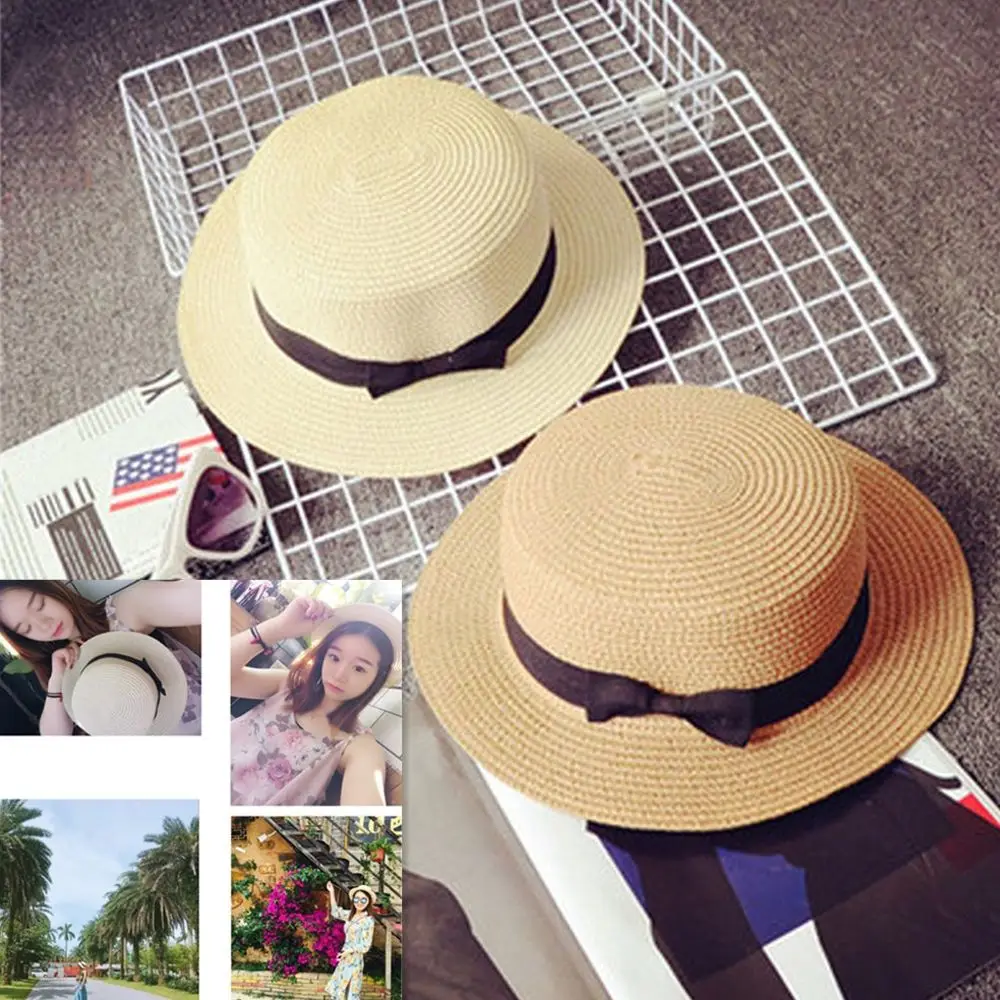 Летние солнечные шляпы для путешествий для женщин и девушек, модные повседневные плоские бант края, женская пляжная шляпа, соломенная шляпа, кепки с козырьком от солнца